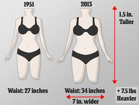 現(xiàn)今英國女性的平均腰圍已從1951年時的68厘米上升到86厘米，而胸圍和臀圍并沒有相應(yīng)增加，因此體型更接近于長方形
